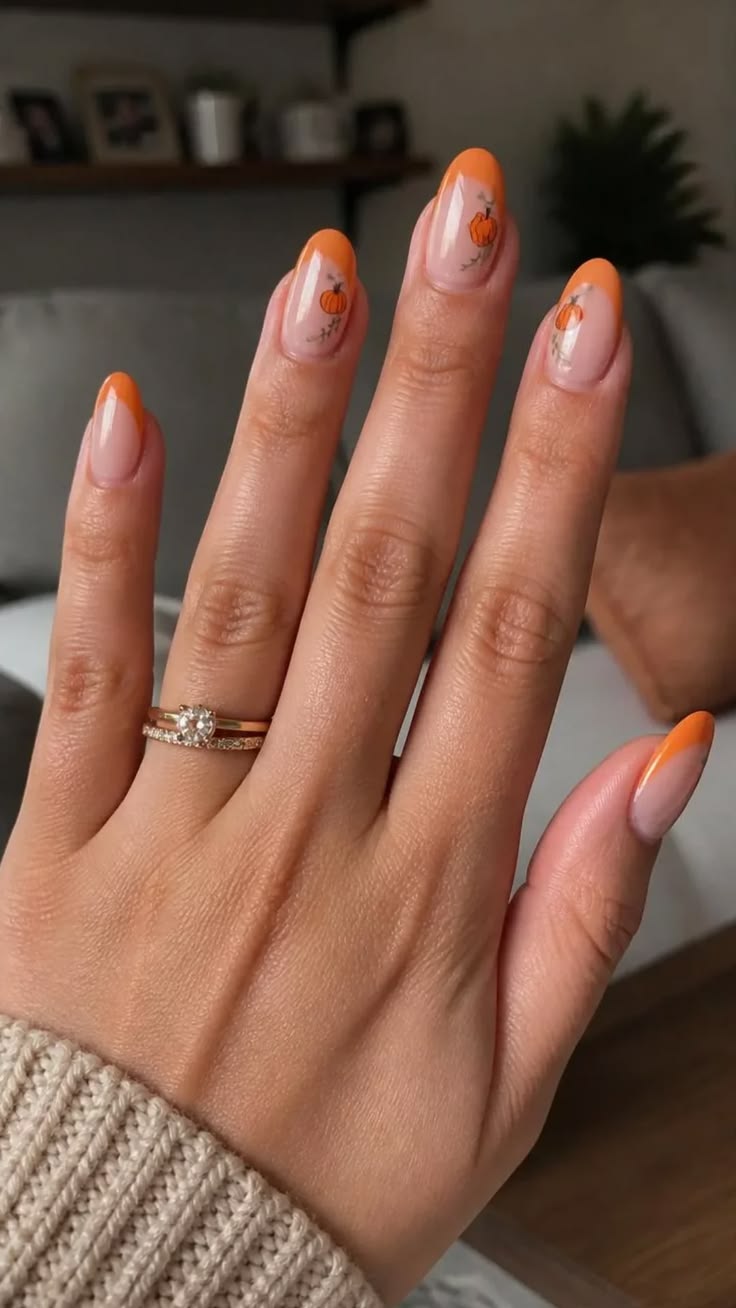 Orange Pumpkin French Tip Nails