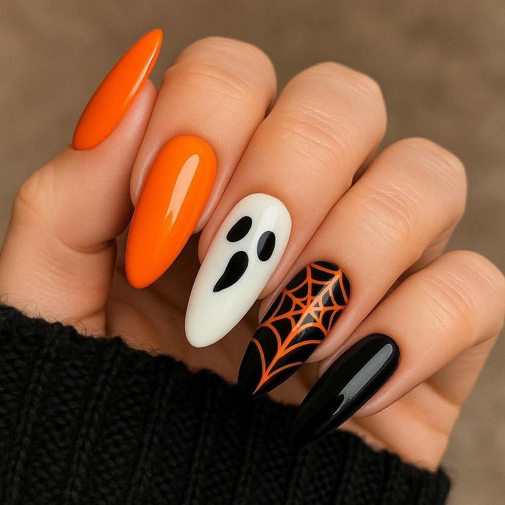 Orange Spider Web Ghost Nails