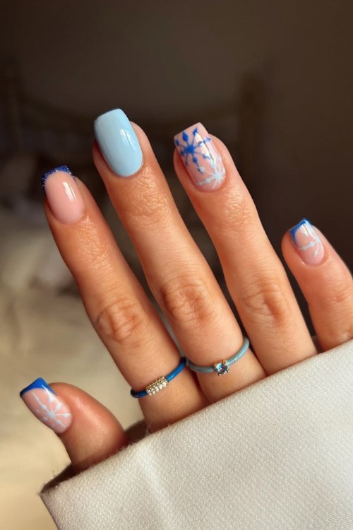 Pale Blue Snowflake French Nails