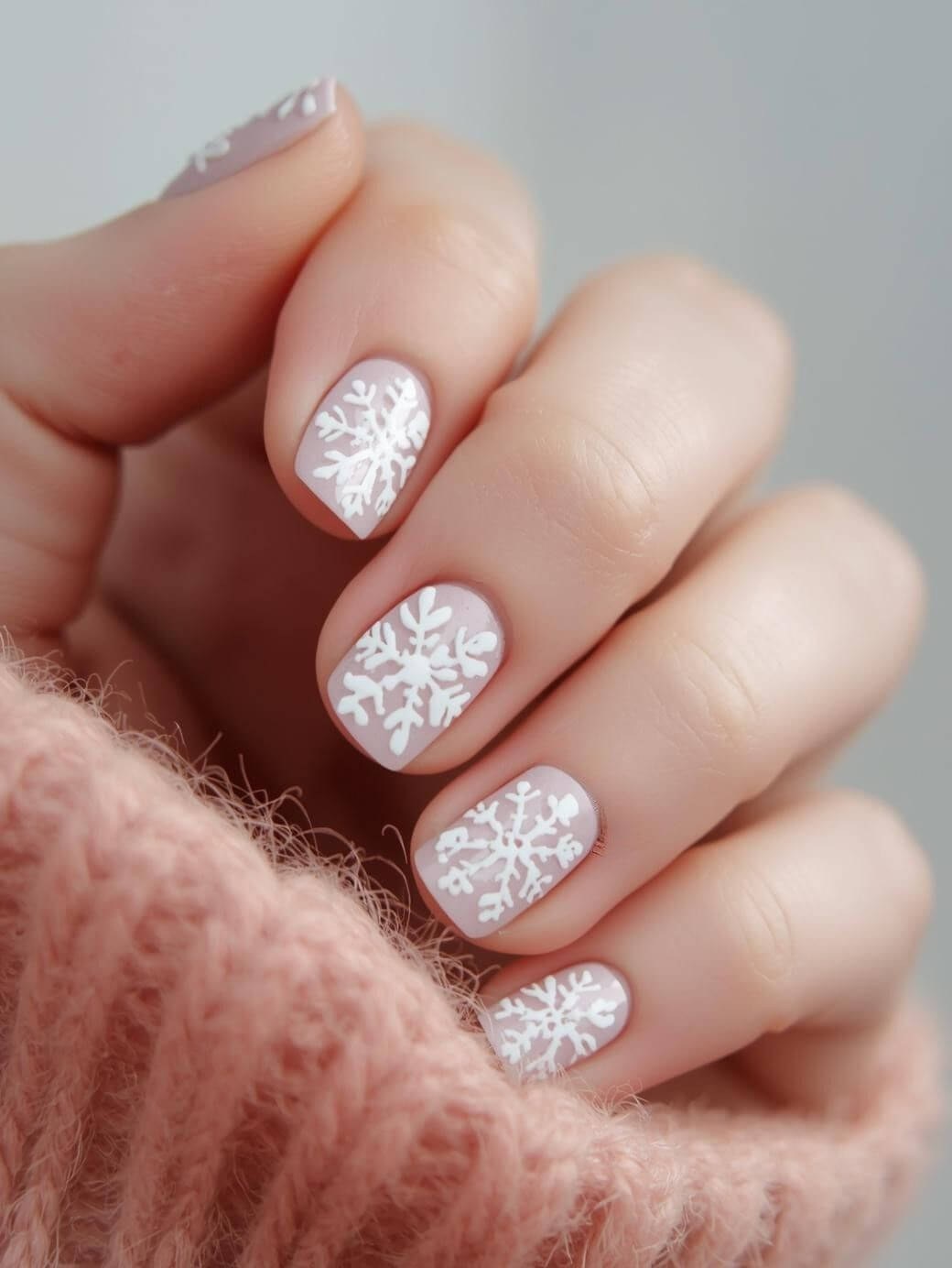 Pale Nude Snowflake Winter Nails