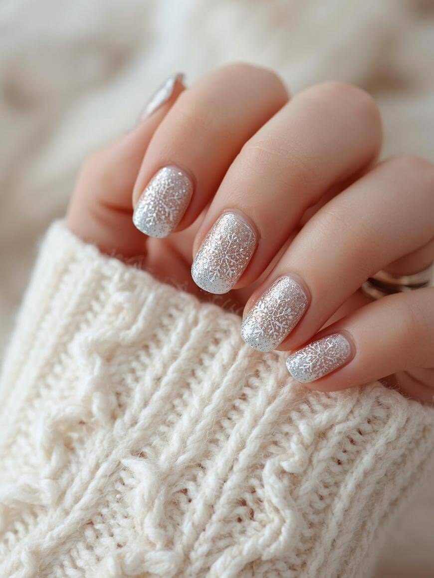 Pale Pink Glitter Snowflake Nails