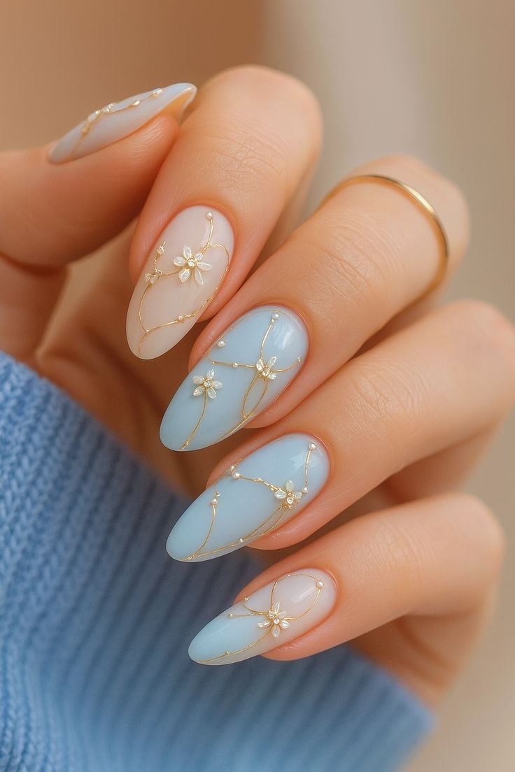 Pastel Blue Floral Nails