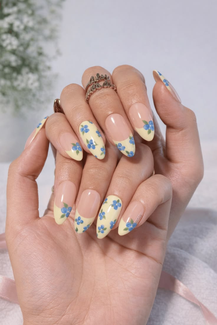 Pastel Yellow Floral French Tip Nails