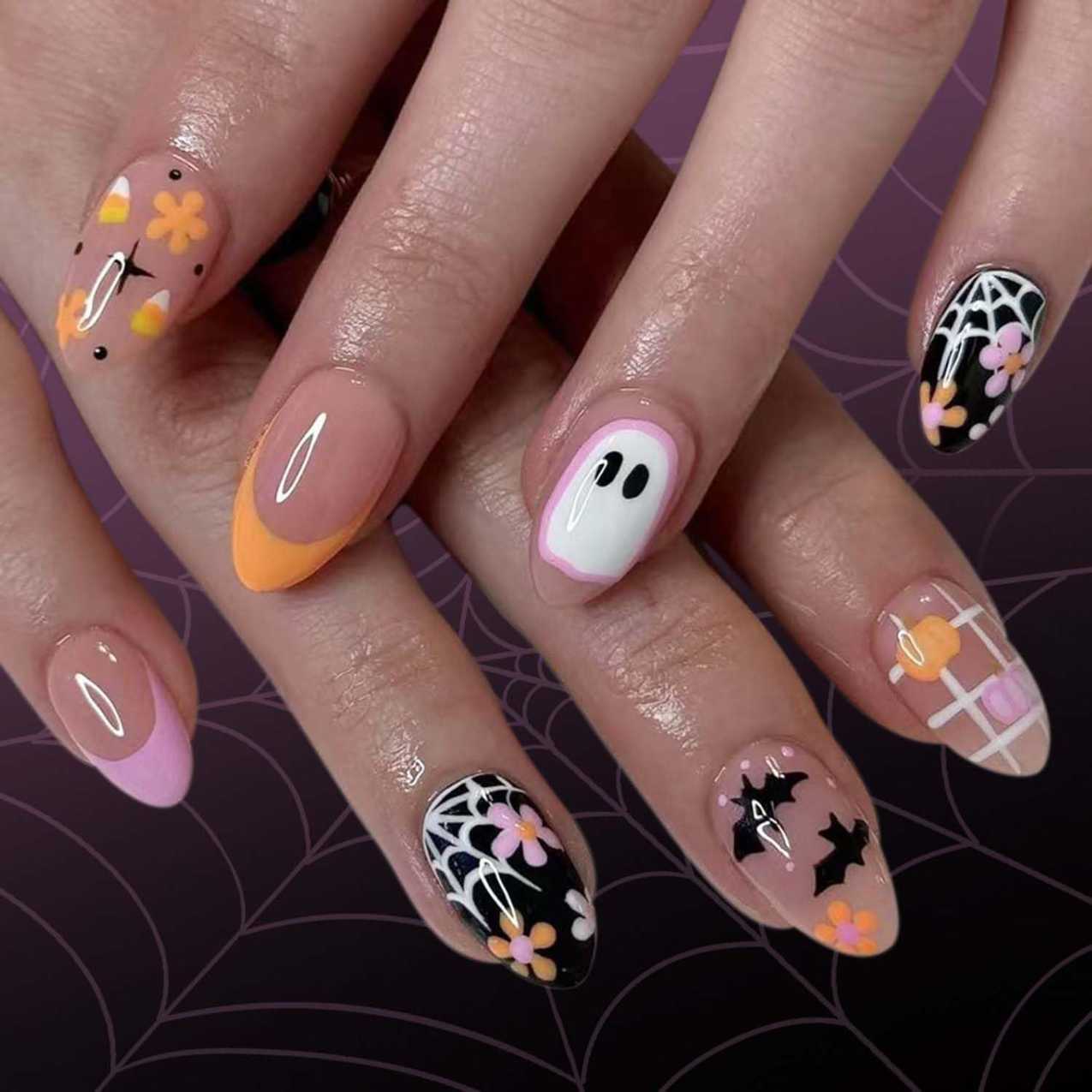 Pastel Pink Floral Ghost And Spiderweb Halloween Nails