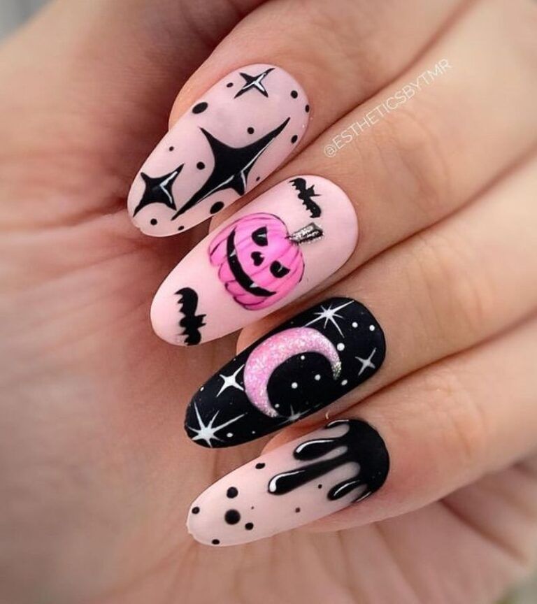 Pastel Pink Pumpkin And Glitter Moon Almond Halloween Nails