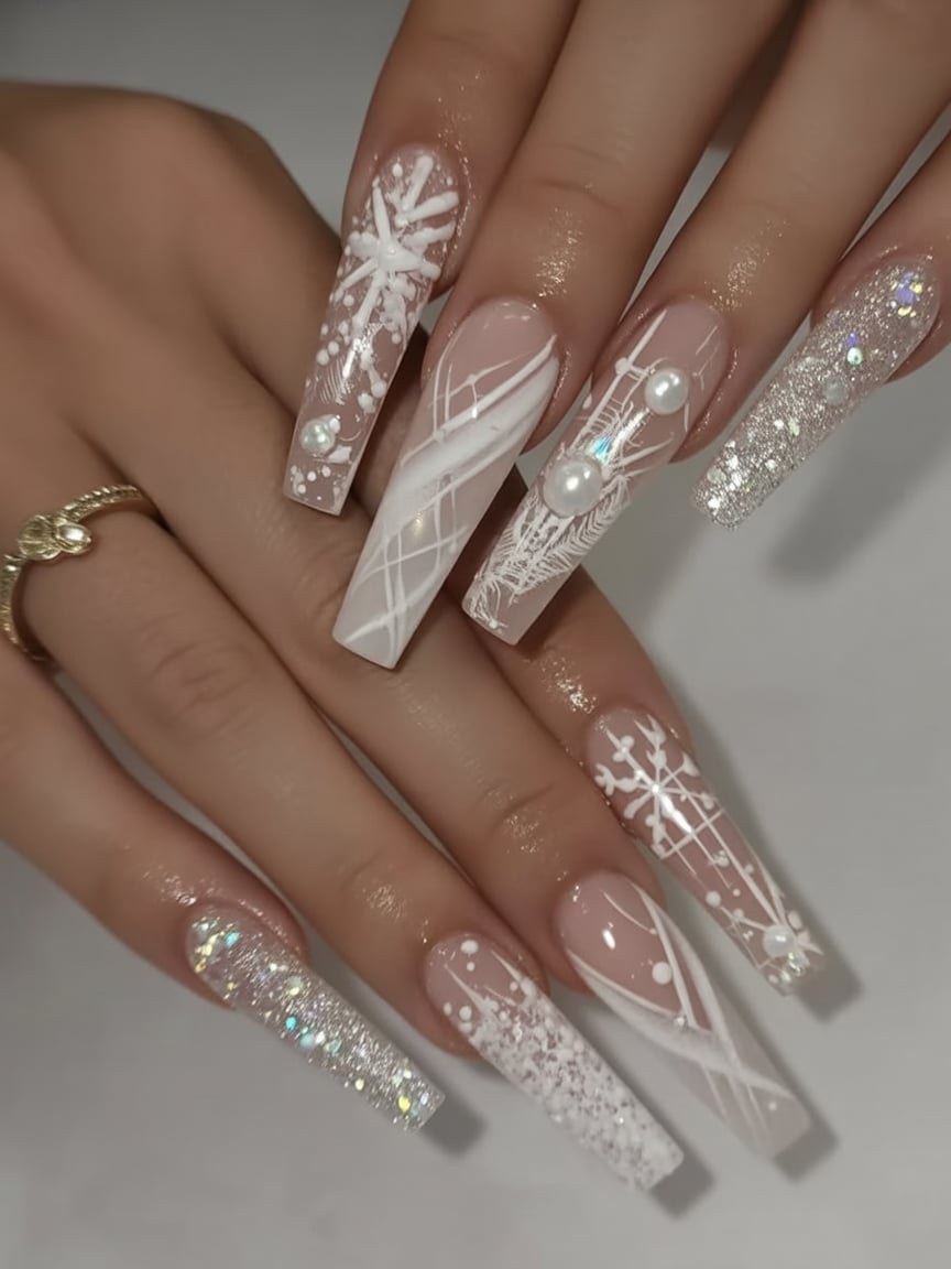 Pearl Snowflake Coffin Holiday Nails