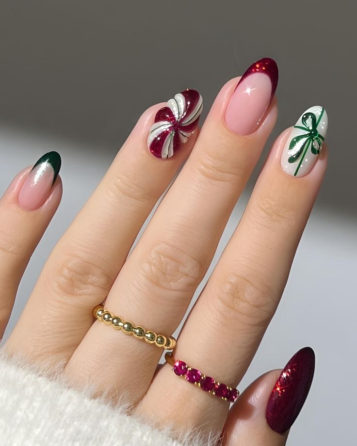Peppermint Bow Candy Stiletto Nails