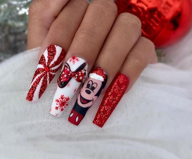 Peppermint Glitter Minnie Bow Mickey Disney Nails