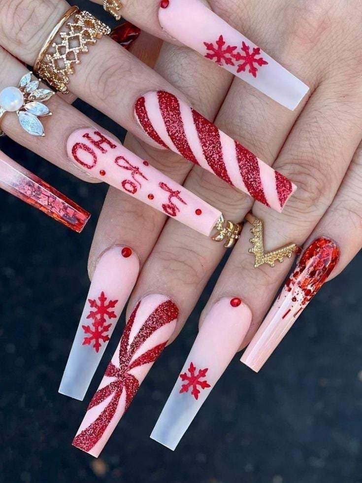 Peppermint Ho Ho Ho Long Christmas Nails