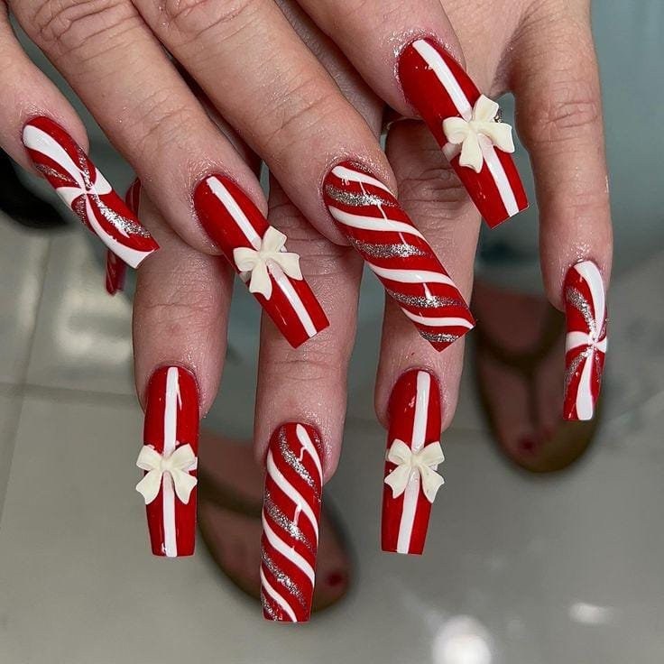 Peppermint Perfection Bow Long Christmas Nails