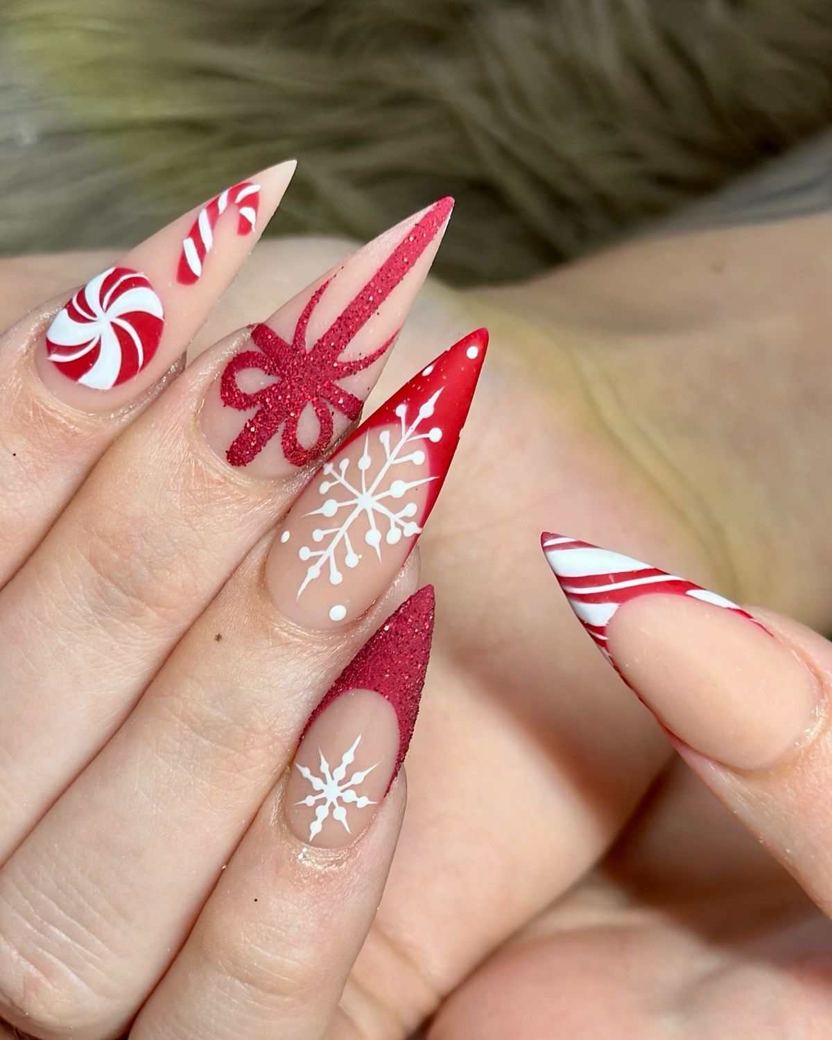 Peppermint Snowflake Stiletto Nails