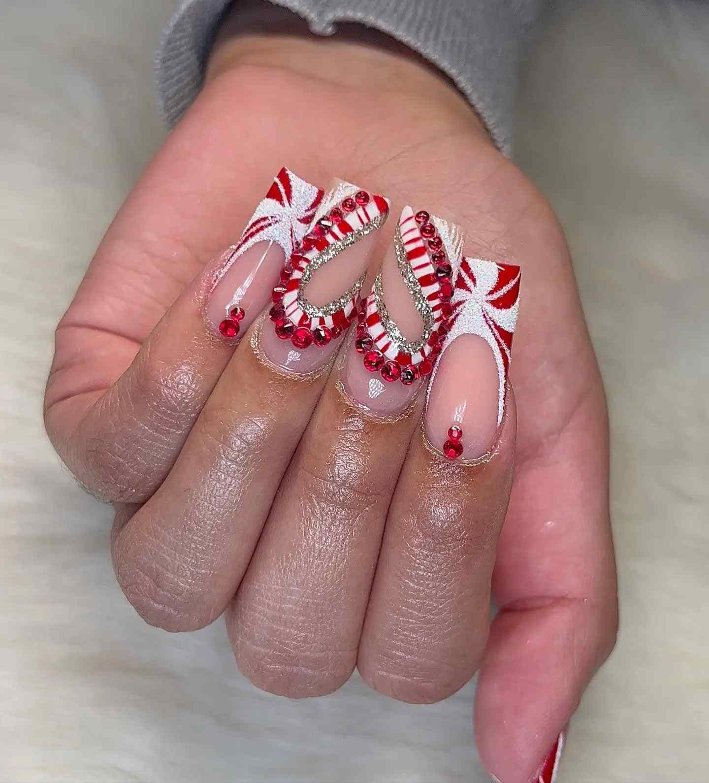 Peppermint Swirl Rhinestone Square Nails