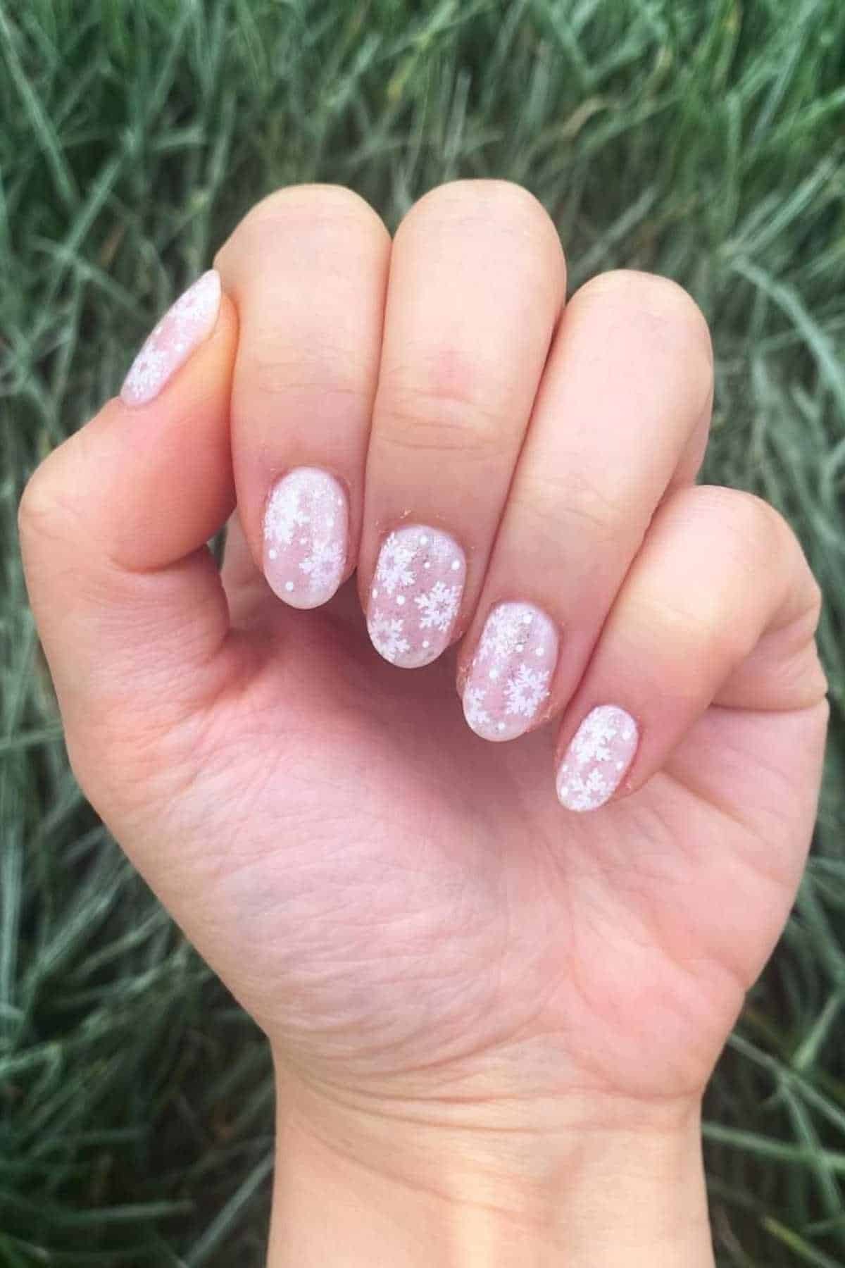 Petal Pink Snowflake Oval Nails