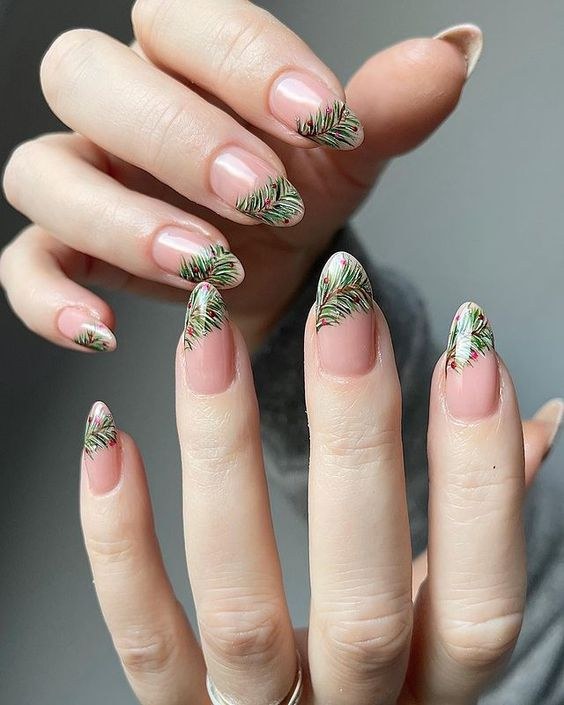 Pine Tip Nude Almond Green Nails