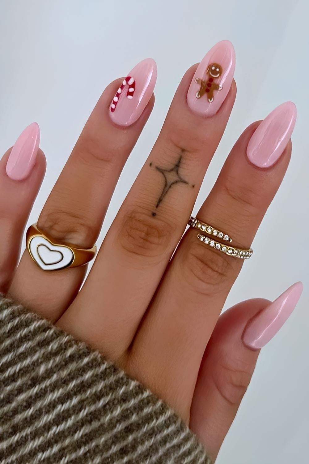 Pink Almond Gingerbread Man Candy Cane Nails