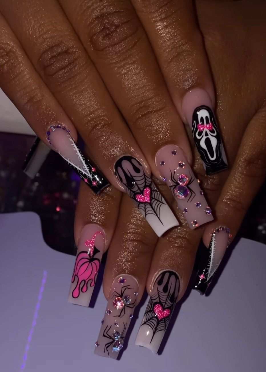 Pink And Black Ghostface Glam Halloween Nails