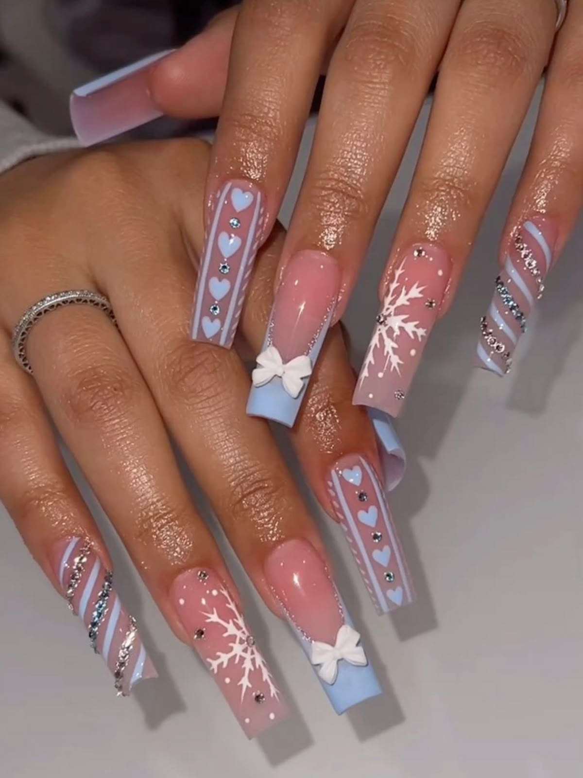 Pink Blue Snowflake Heart Bow Nails
