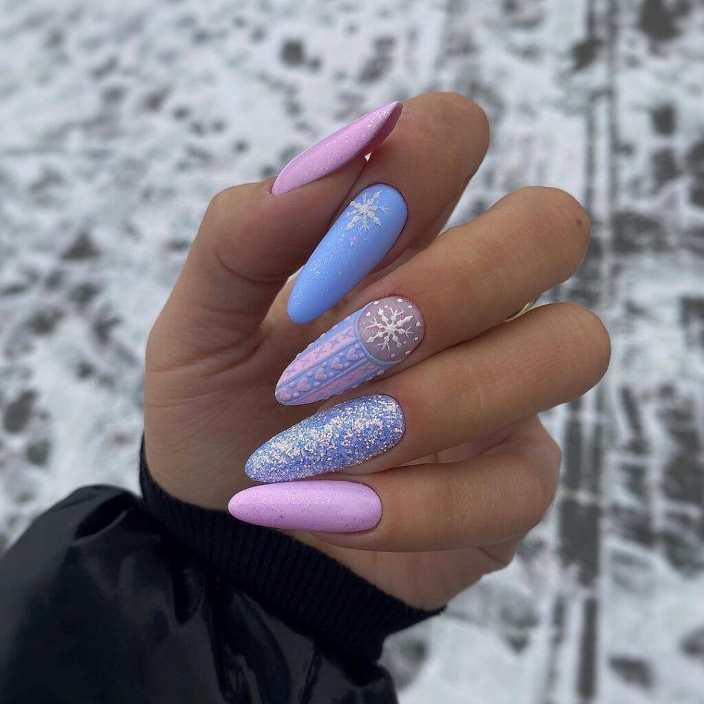 Pink Blue Snowflake Stiletto Nails