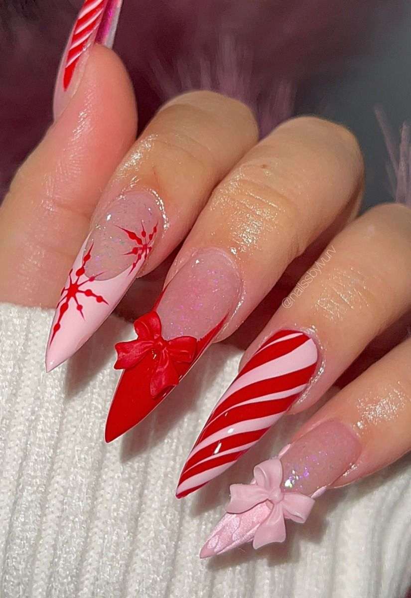 Pink Bow Stripe Stiletto Nails