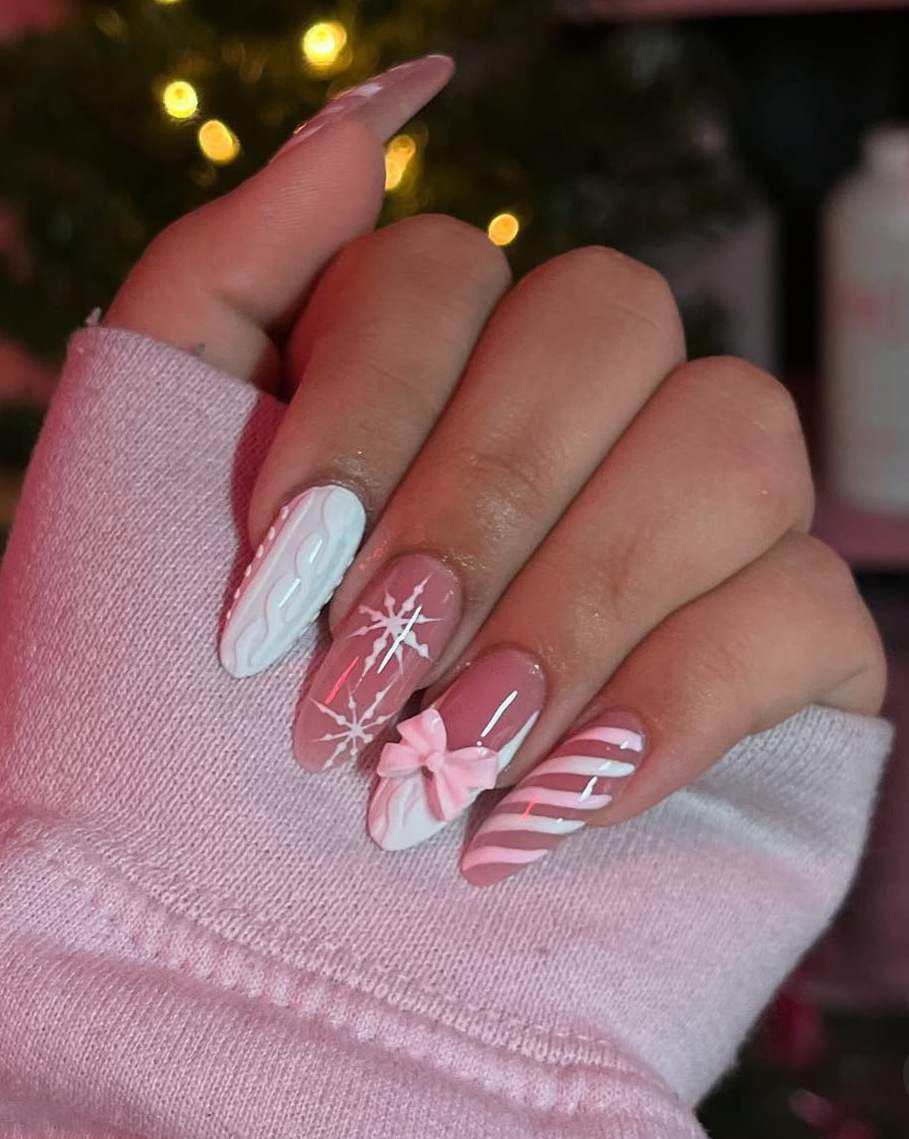 Pink Cable Knit Bow Sweater Nails