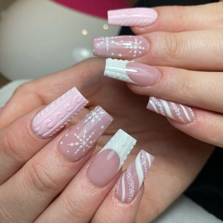 Pink Cable Knit Snowflake Candy Sweater Nails