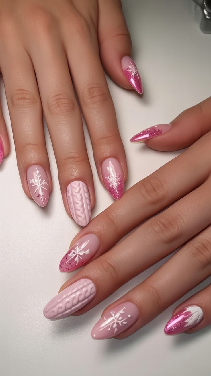 Pink Cable Knit Snowflake Sweater Nails