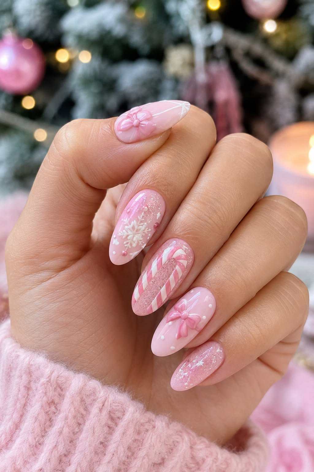 Pink Candy Bow Snowflake Cute Nails