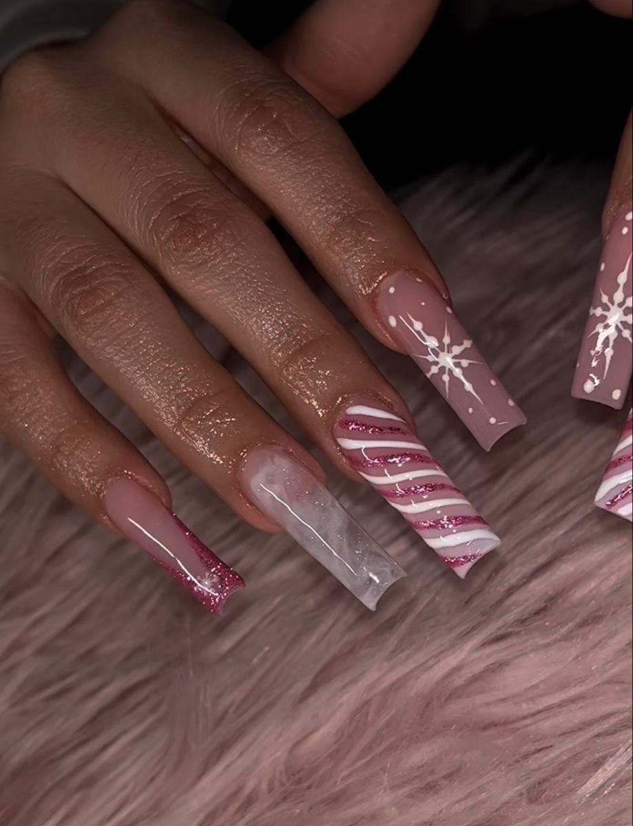 Pink Candy Cane Snowflake Nails