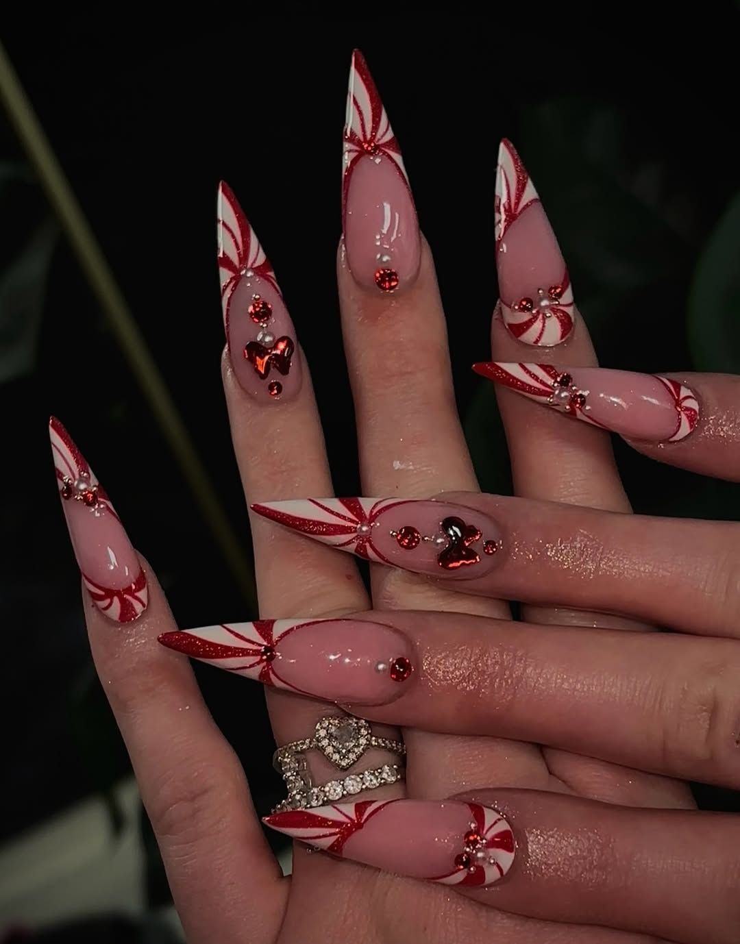 Pink Candy Cane Stiletto Nails