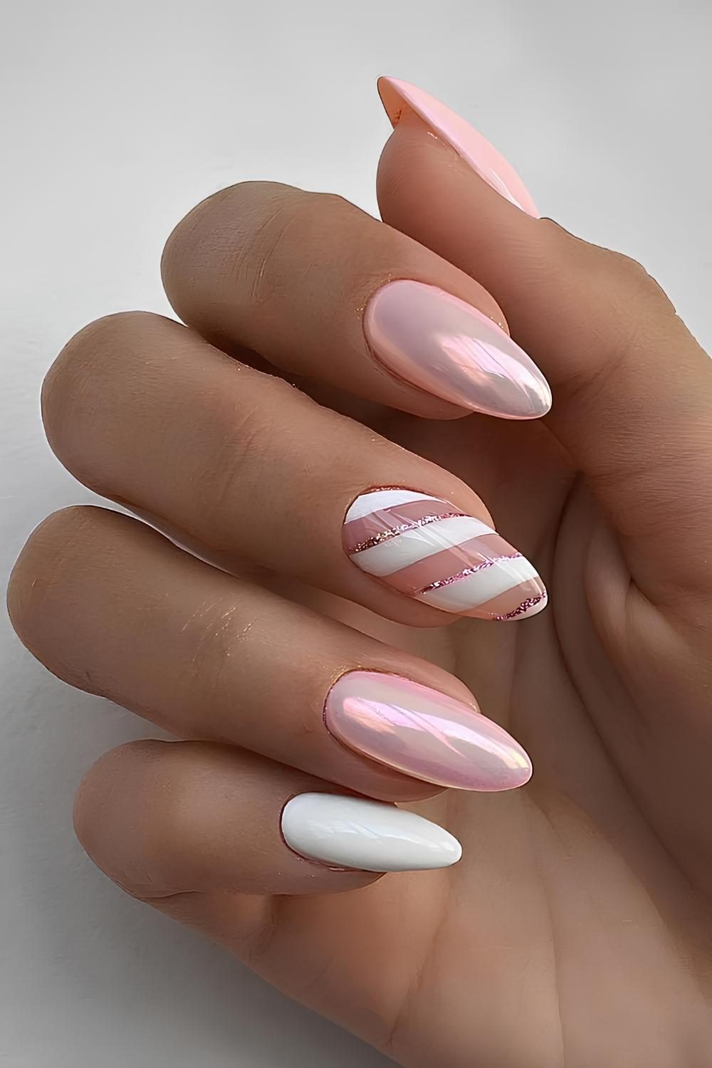 Pink Chrome Candy Cane Elegant Nails