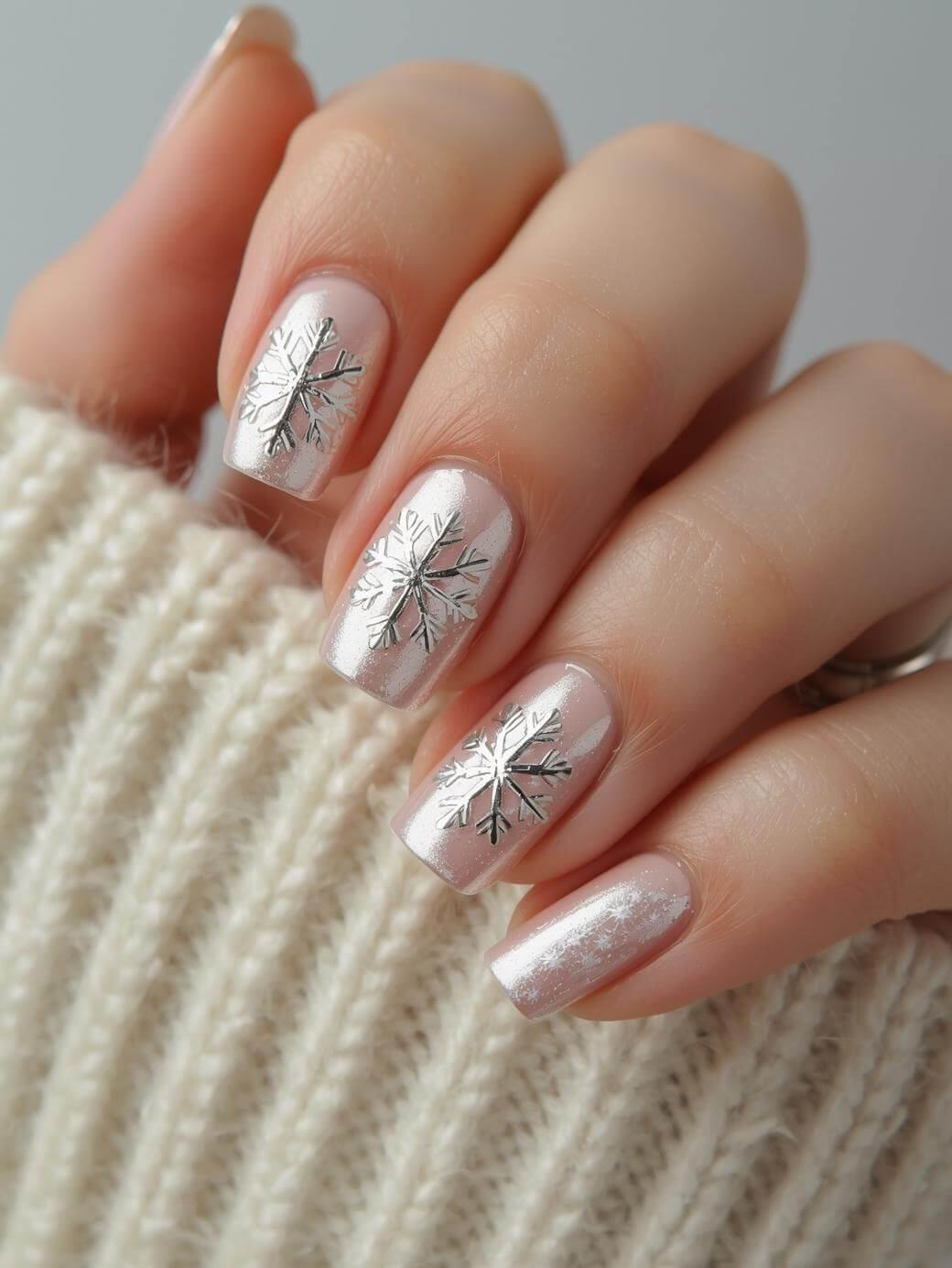 Pink Chrome Snowflake Winter Nails