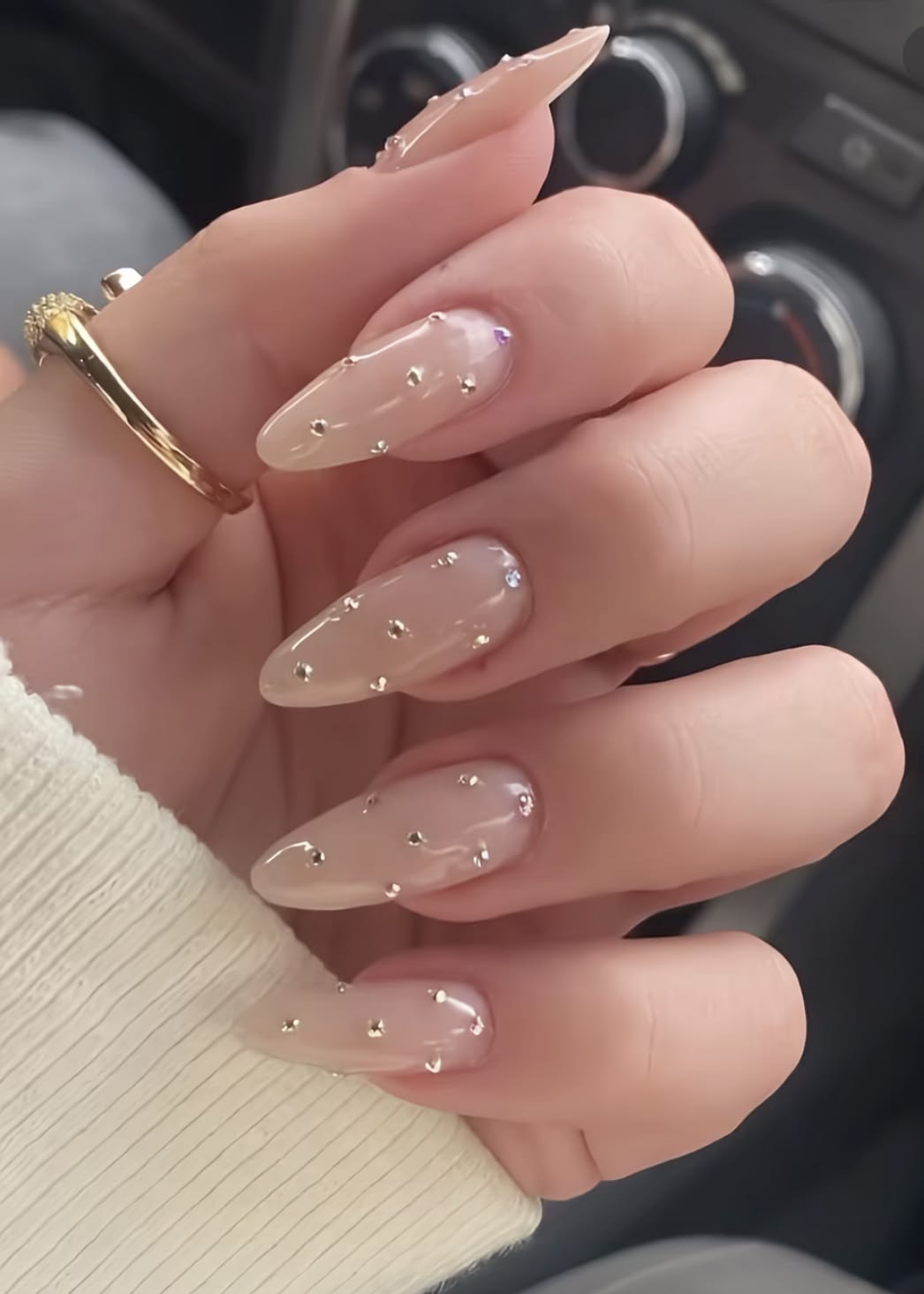Long almond rose pink crystal rhinestone nails with high gloss topcoat for Valentine's day.