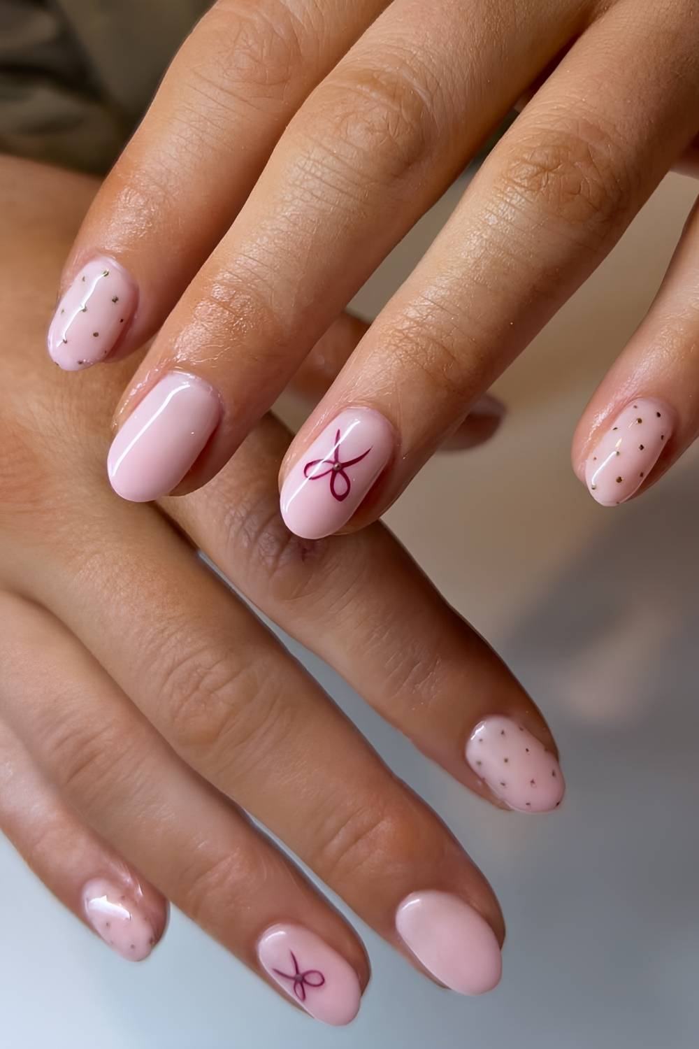 Pink Dot Bow Accent Easy Nails