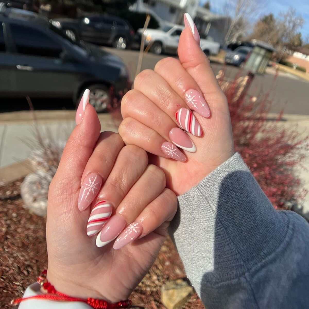 Pink French Candy Snowflake Almond Nails