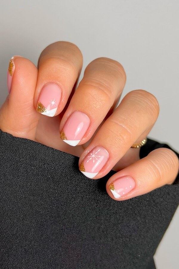 Pink French Gold Snowflake Short Nails