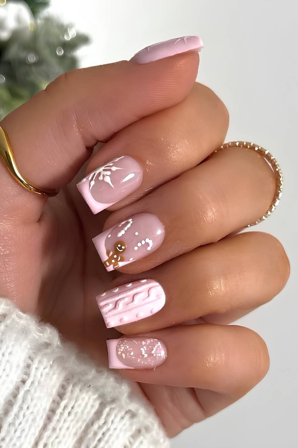 Pink French Sweater Gingerbread Nails