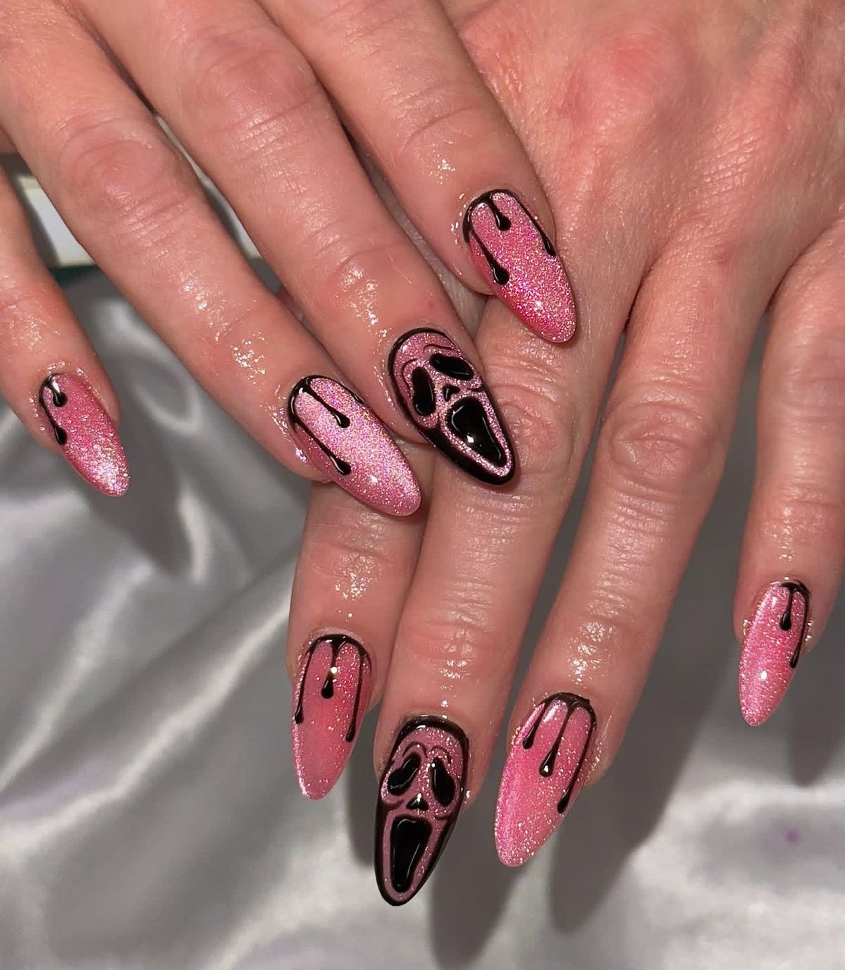 Pink Ghostface Halloween Nails