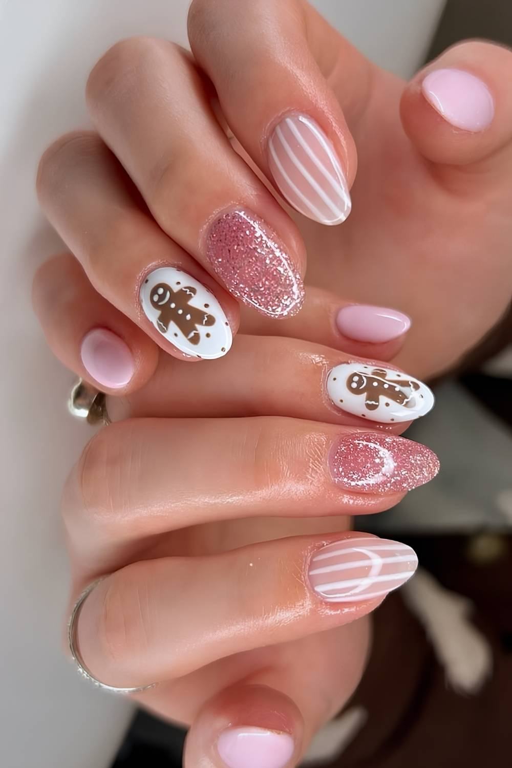 Pink Gingerbread Man Stripe Nails