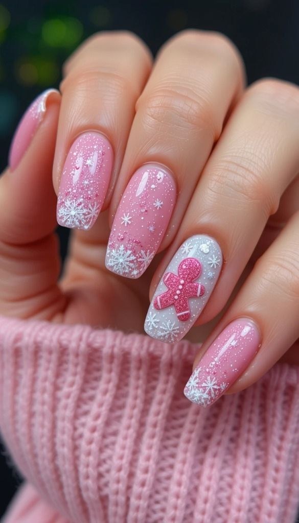 Pink Gingerbread Snowflake Cute Nails