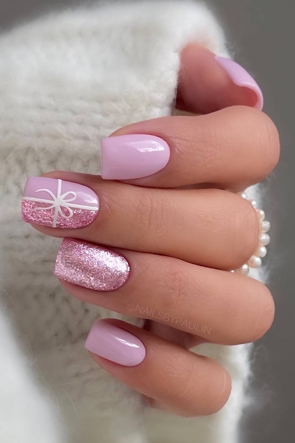 Pink Glitter Bow Christmas Nails