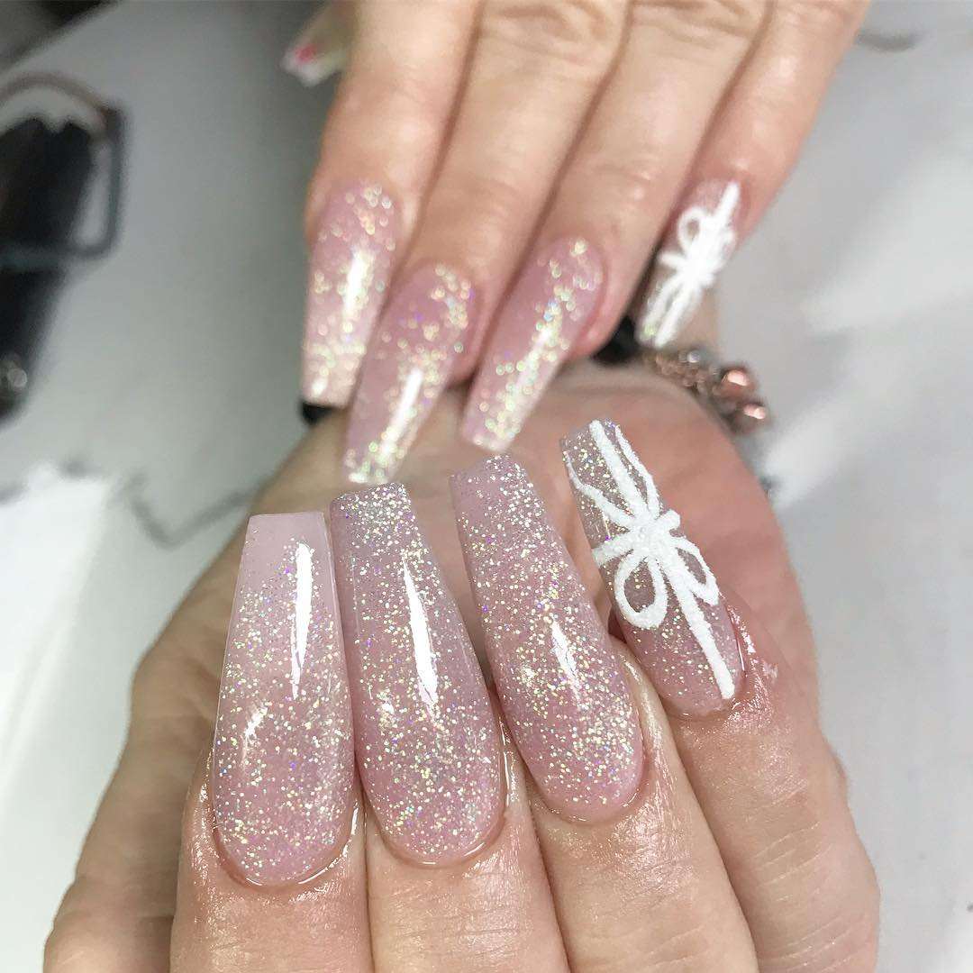 Pink Glitter Bow Coffin Nails