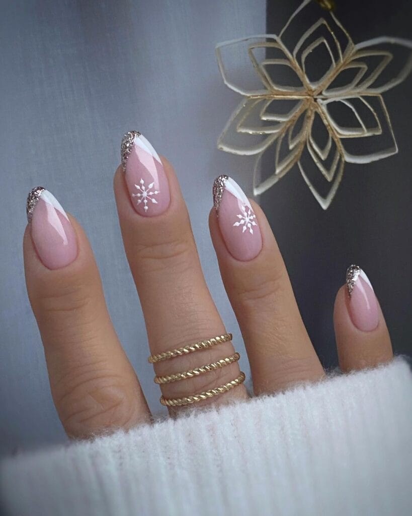 Pink Glitter French Snowflake Nails