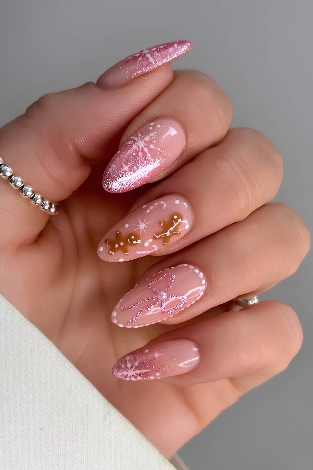 Pink Glitter Gingerbread Man Accent Nails
