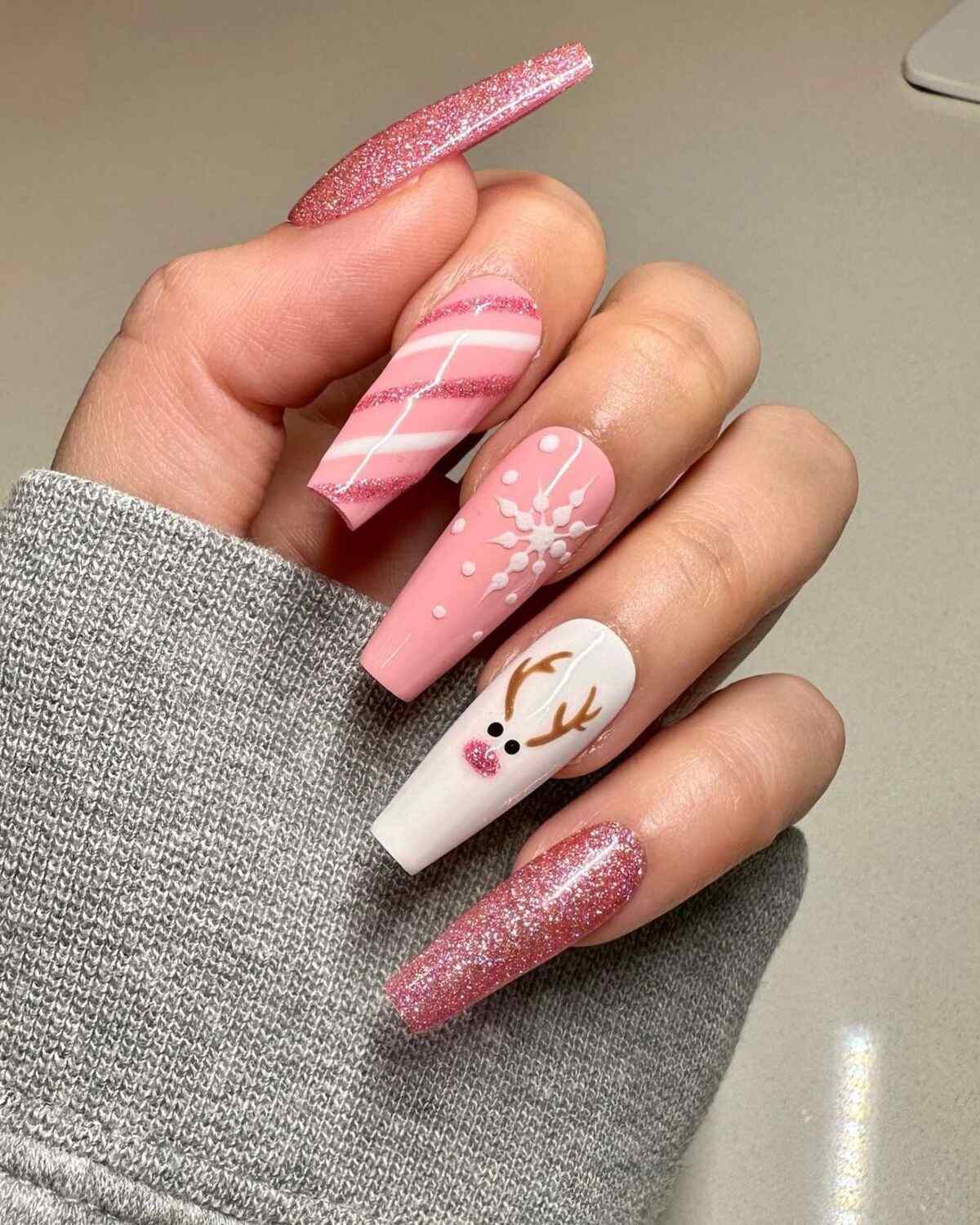Pink Glitter Reindeer Coffin Nails