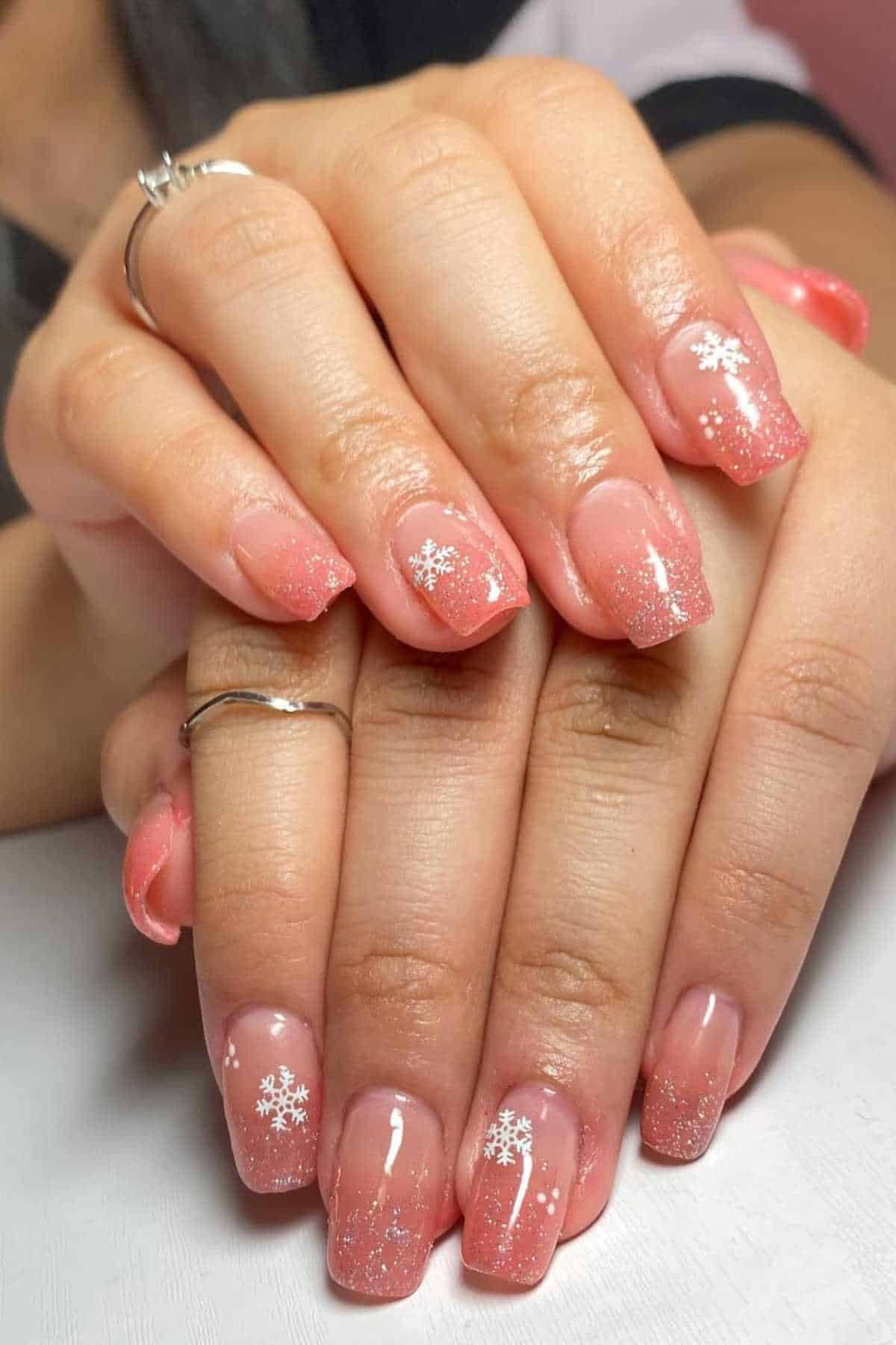 Pink Glitter Snowflake Square Nails