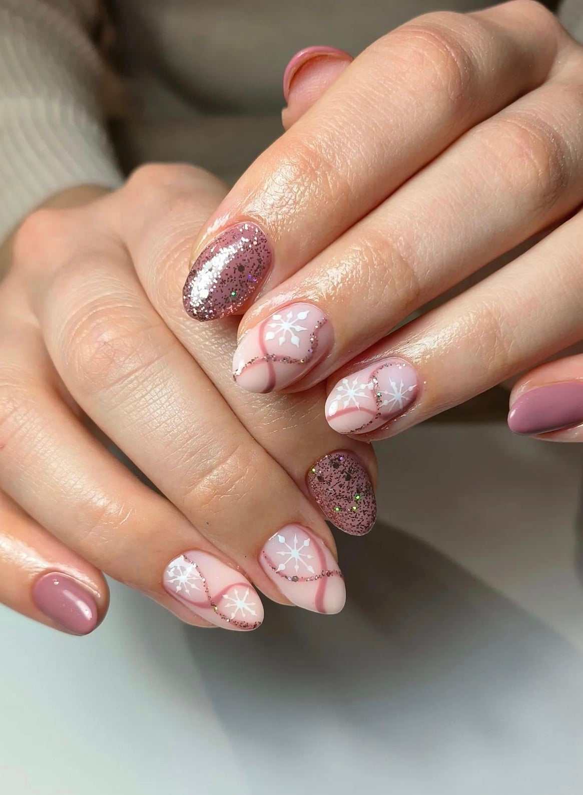 Pink Glitter Snowflake Winter Nails