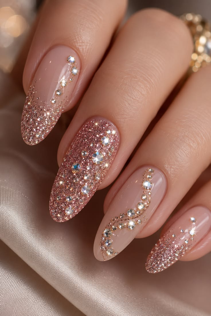 Pink Glittery Rhinestoned Nails