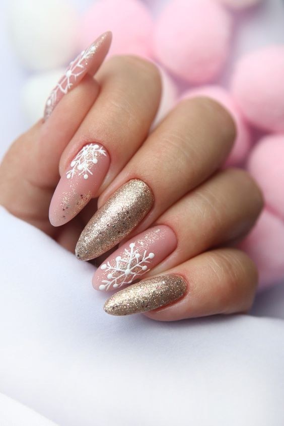 Pink Gold Snowflake Almond Nails