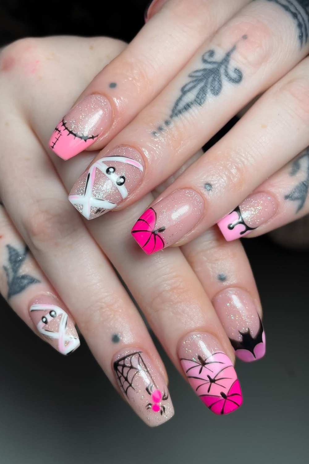 Pink Halloween Nails Bat Tips Mummy