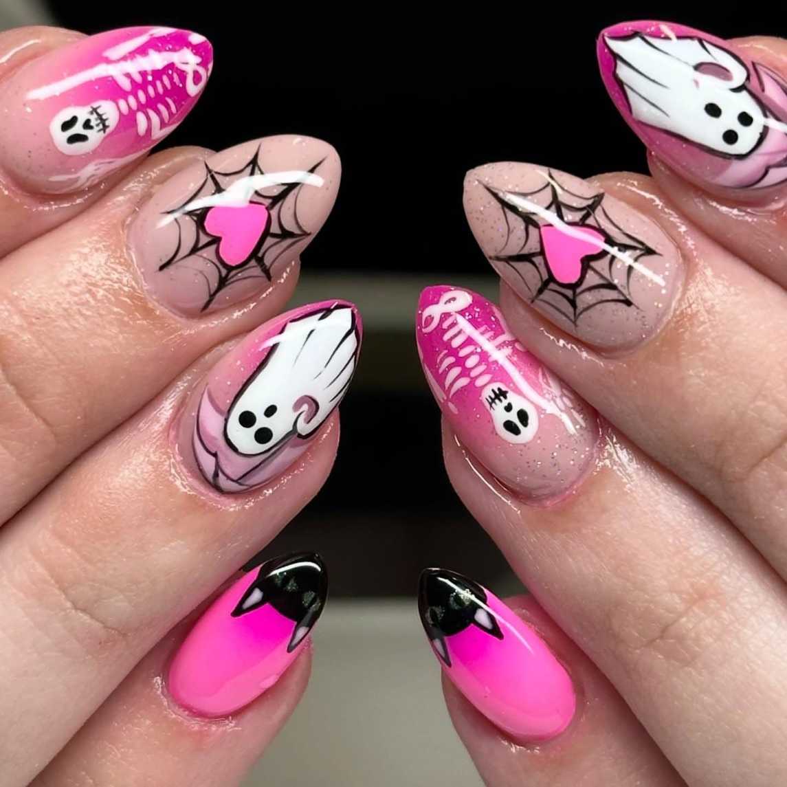 Pink Halloween Nails Cat Skeleton Bones